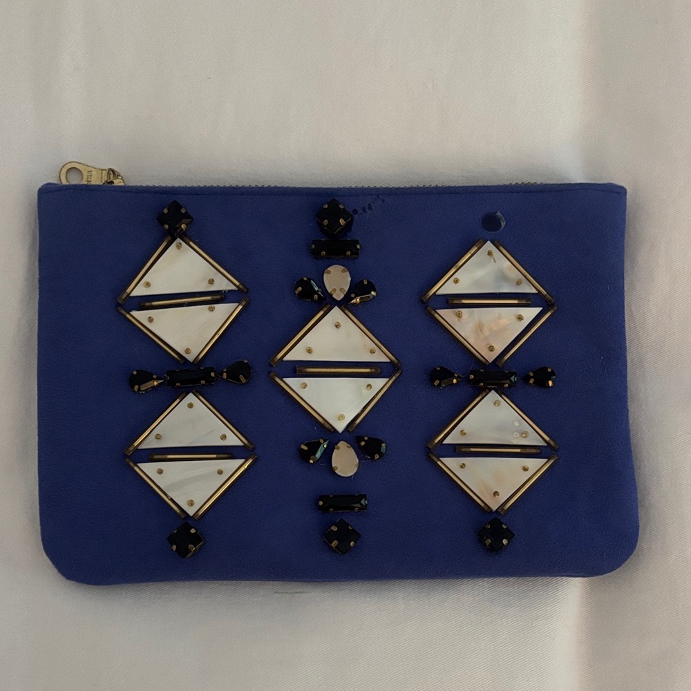 Blue suede clutch with beaded design